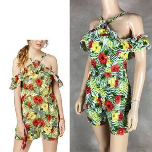 XOXO Floral Cold-Shoulder LINEN BLEND Romper NWT XS
